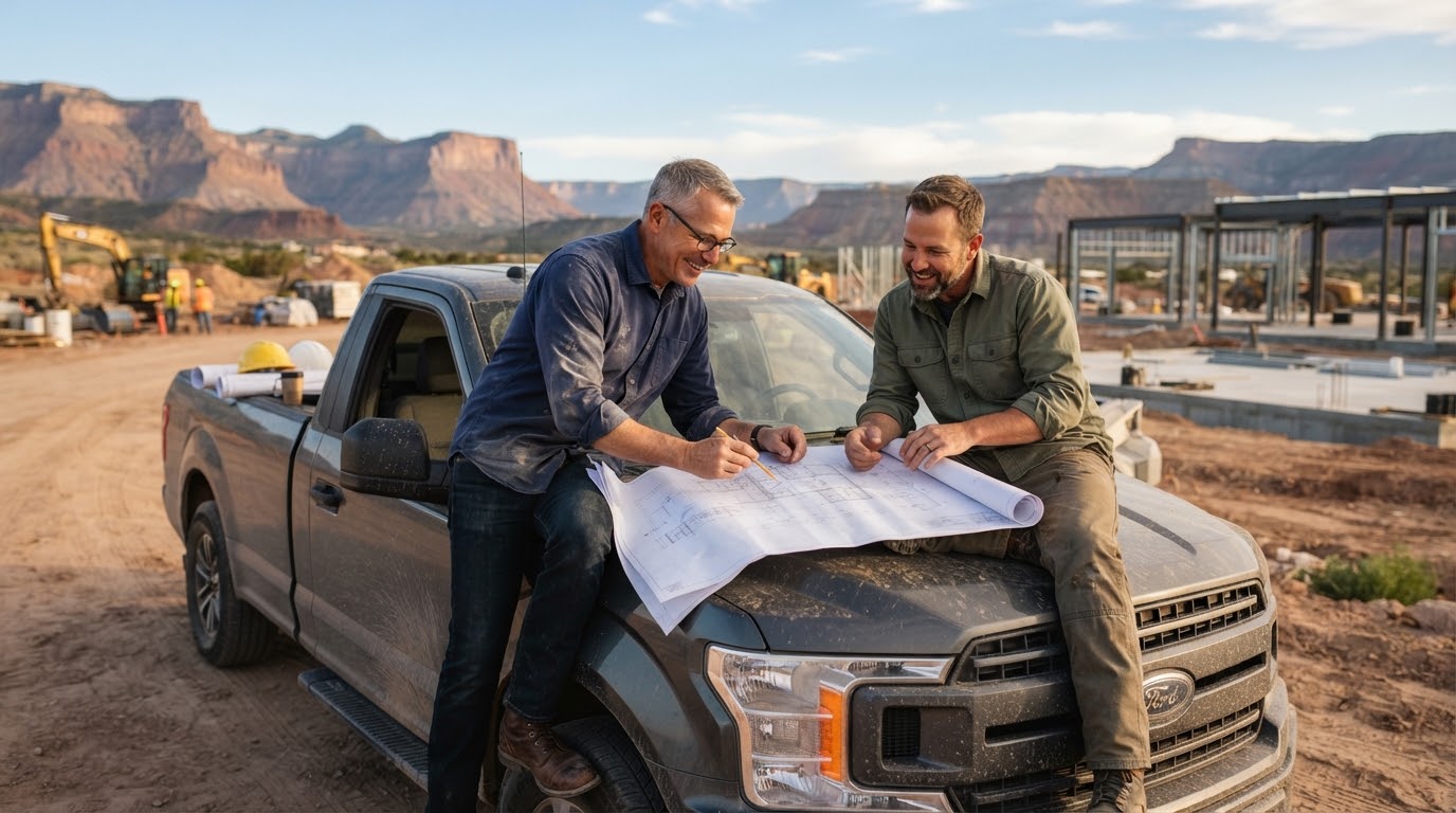 Two partners reviewing plans at a Utah development site