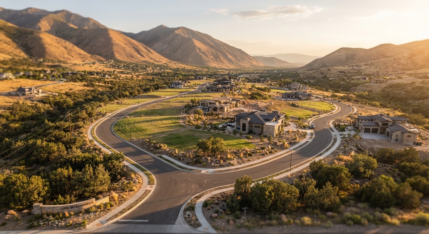 Aerial view of a residential land development in a Utah mountain valley at golden hour