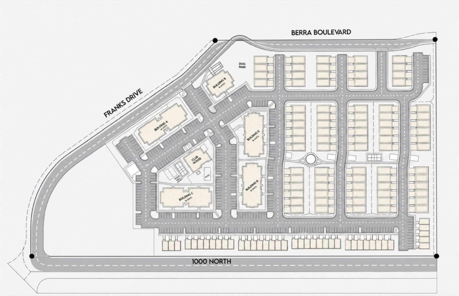 Ledger Cove site plan showing townhome rows, five apartment buildings, and the clubhouse amenity area